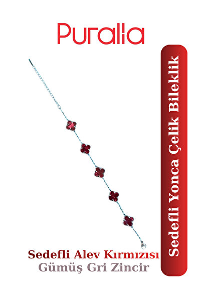 Puralia Pearlescent Flame Red Clover Steel Bracelet - Silver Gray Chain