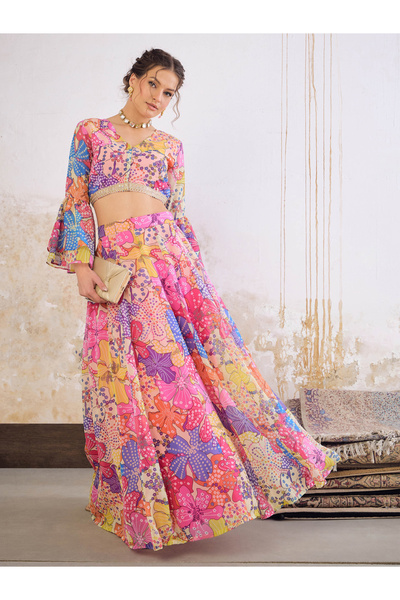 Uptownie By Styli Pink Floral Frill Sleeves Crop Top with Anarkali Skirt Set
