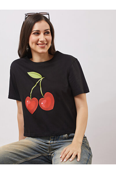 Globus By Styli Black Graphic Print Oversized Crop T-Shirt