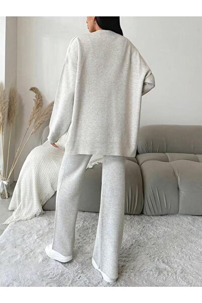 LONCA Women's 3-piece knitted set - oversized cardigan, long pants and cropped top, light beige color