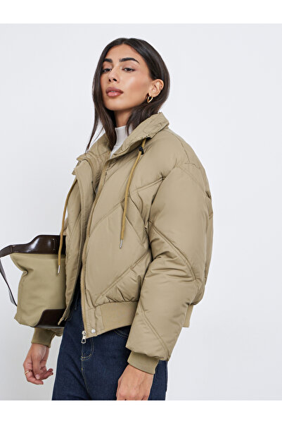 Styli Khaki Plain Regular Fit Short Length Padded Jacket