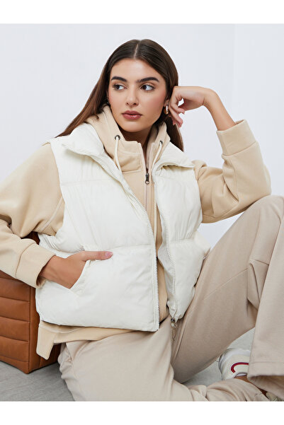 Styli Off White Regular Fit Crop Padded Jacket
