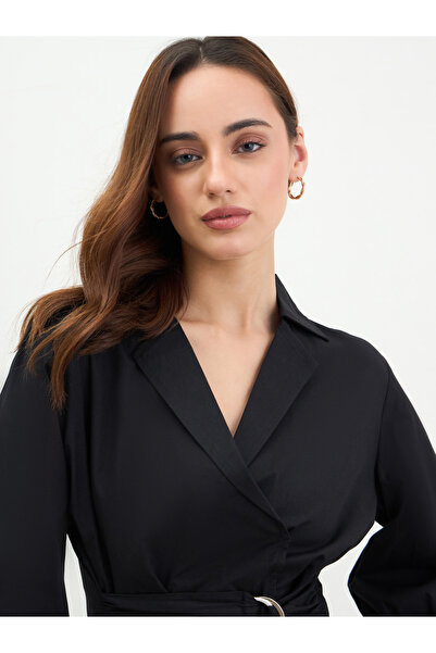 Styli Black Cotton Poplin Wrap Shirt with Belt
