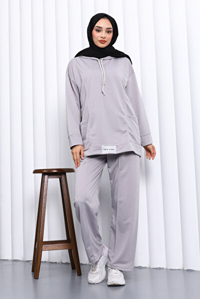 İmajButik Dark Gray Two-Thread Hijab Set with Label on the Front