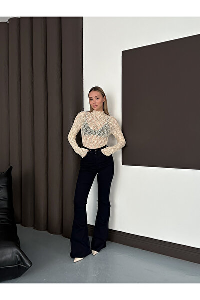 MODAMERSİ Women's Cream Stand Collar Transparent Lace Blouse