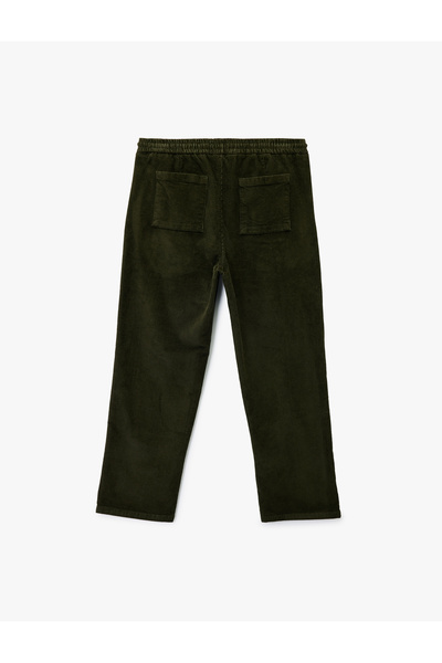 Koton Corded Fabric Velvet Trousers with Cotton Pockets, Loose Fit, Lace-Up Waist