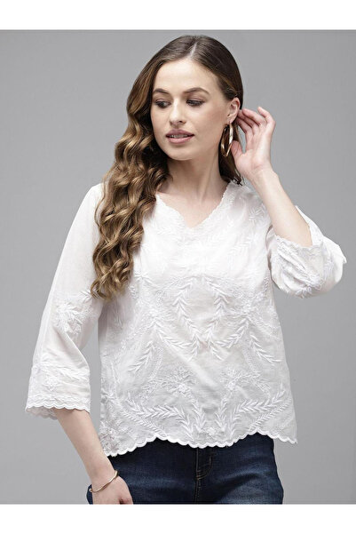 Ishin By Styli بلوزة نسائية قطنية بيضاء مطرزة