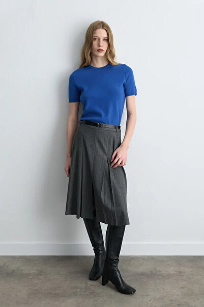 Gusto Pilikaşeli Kaşe Long Belted Skirt - Gray