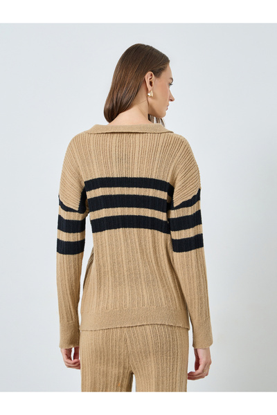 Styli Women Beige Striped Polo Neck Knit Top
