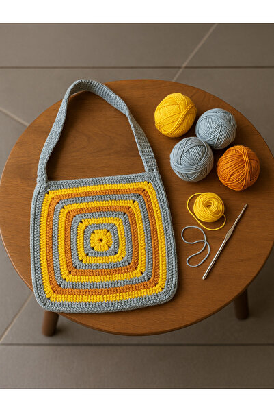 Fun Life Hand Knitted Square Shoulder Bag - Yellow, Mustard, Grey