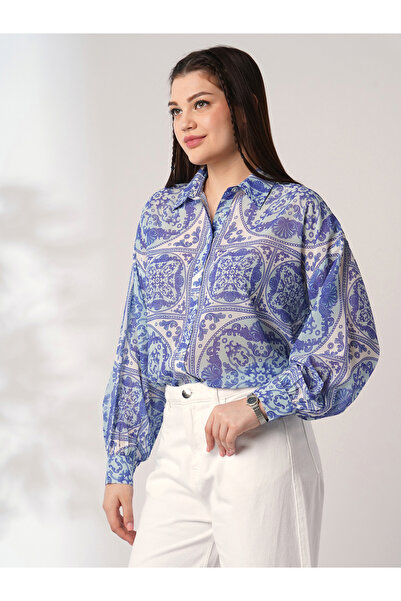 Globus By Styli Women Blue Ethnic Print Spread Collar Oversized Shirt