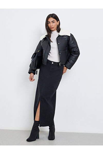 Styli Black Crop Padded Jacket with Fur Trim