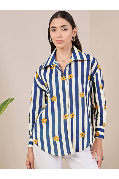 Uptownie By Styli قميص مخطط أزرق داكن بأكمام طويلة