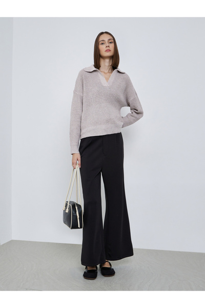 Styli Beige Textured Knit Open Collar Polo T-Shirt