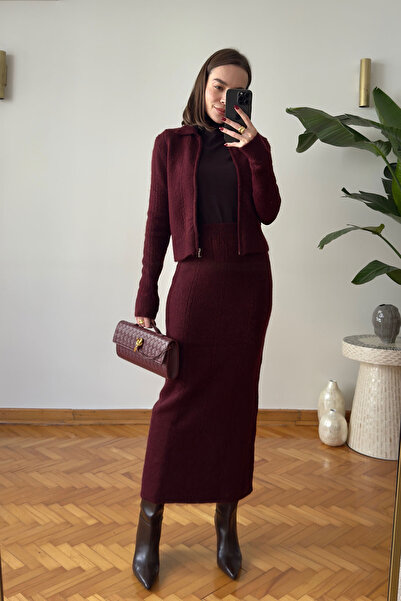 MAGARDE Zippered Skirt Knitwear Set - Burgundy