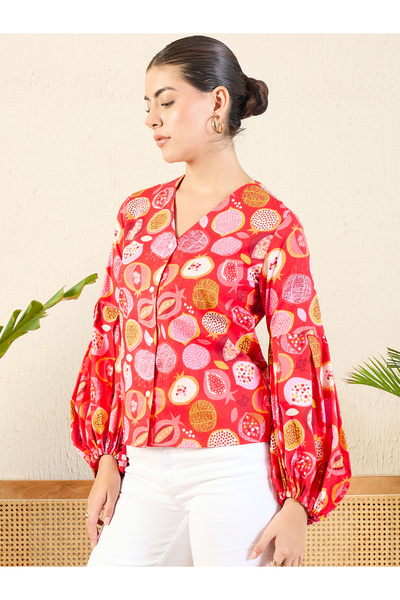 Uptownie By Styli Red Fruit Print Cotton Shirt with Balloon Sleeves