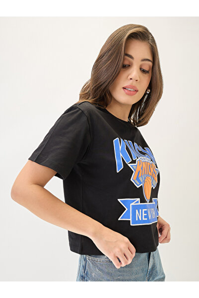 Globus By Styli Black Graphic Print Oversized Crop T-Shirt