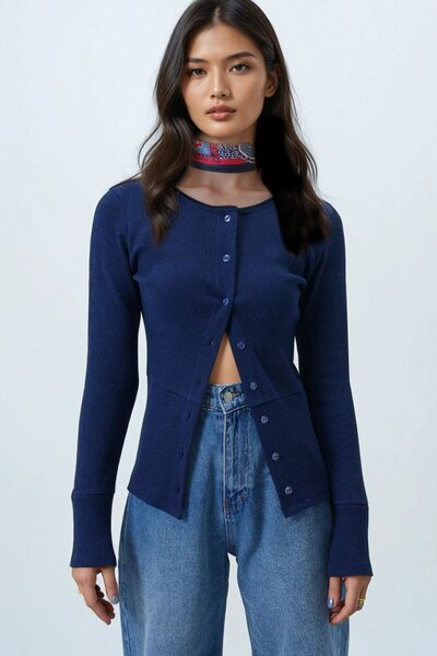 VAGGON Women's Dark Navy Wide Cuffs Stitching Detail Button Front Ribbed Knit Blouse Prmx14400