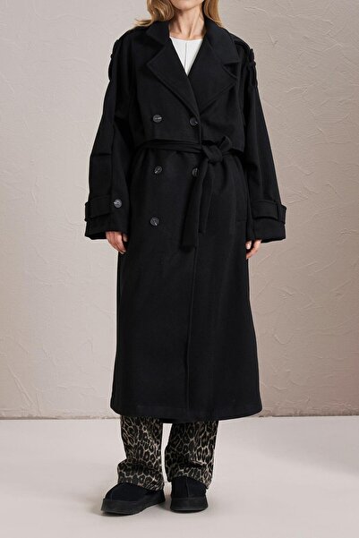 Suziş Windbreaker Detailed Black Oversized Premium Coat 9539