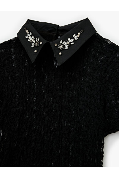 Koton Διαφανές πουκάμισο με κοντό μανίκι με λεπτομέρεια από πέτρα και δαντέλα