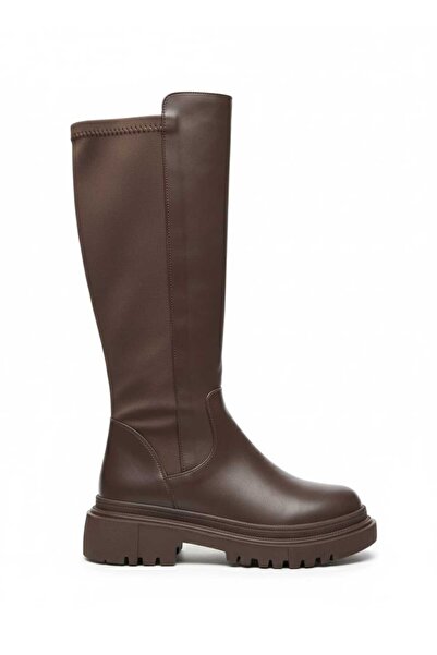 GNY AYAKKABI Women's Thick Sole Dark Brown Color Diver Fabric Boots