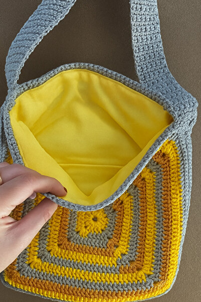 Fun Life Hand Knitted Square Shoulder Bag - Yellow, Mustard, Grey