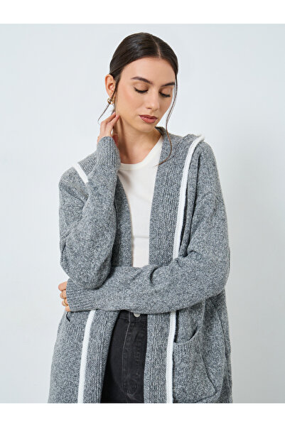 Styli Grey Hooded Front Open Midi Cardigan