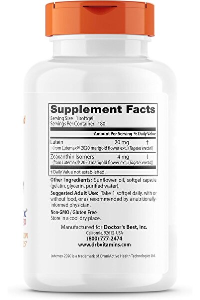 Doctor's Best Lutein Featuring Lutemax, Non-GMO, Gluten Free, Eye Health, 20 mg, 180 Softgels