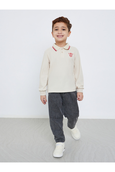 Styli Embroidered Detail Long Sleeve Tipped Polo T-Shirt