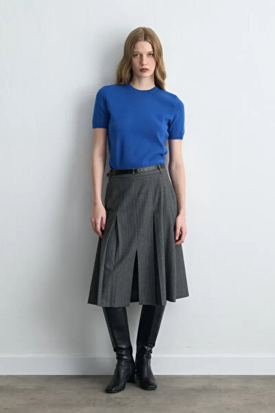 Gusto Pilikaşeli Kaşe Long Belted Skirt - Gray