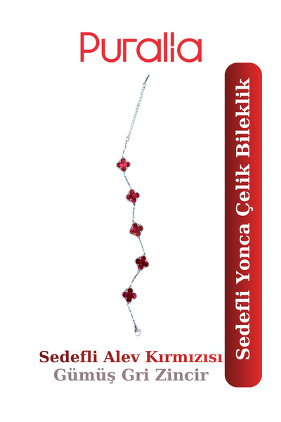 Puralia Pearlescent Flame Red Clover Steel Bracelet - Silver Gray Chain