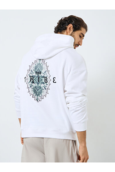 Styli Men White Printed Oversized Hoodie