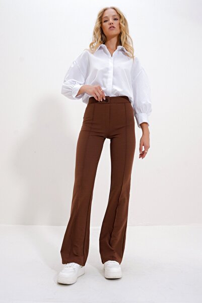 VAGGON High Waist Front Turned Wide Leg Lycra Trousers