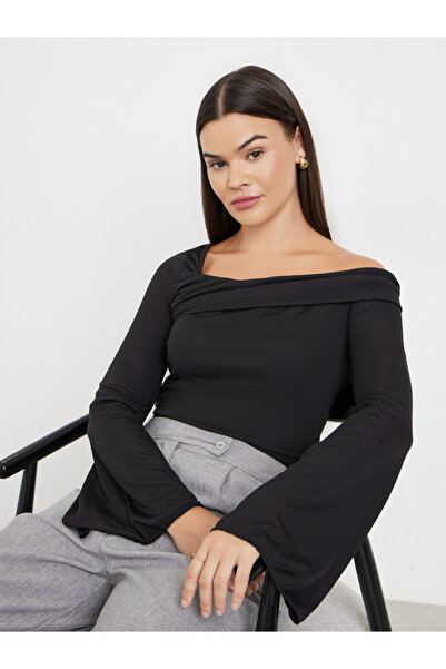 Styli Black Asymmetric Neck Knit Top