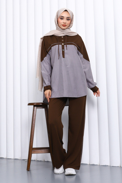 İmajButik Brown Shirt Paneled Pants Suit