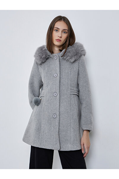Styli Grey Longline Wool Like Coat with Faux Fur Hood
