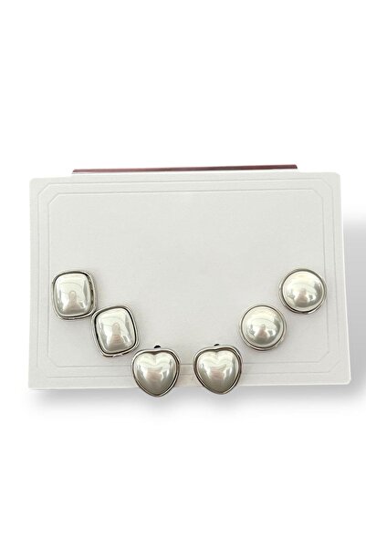 TAKIŞTIR Silver Color Heart Figured Pearl Detailed 6'Lı Earring Set