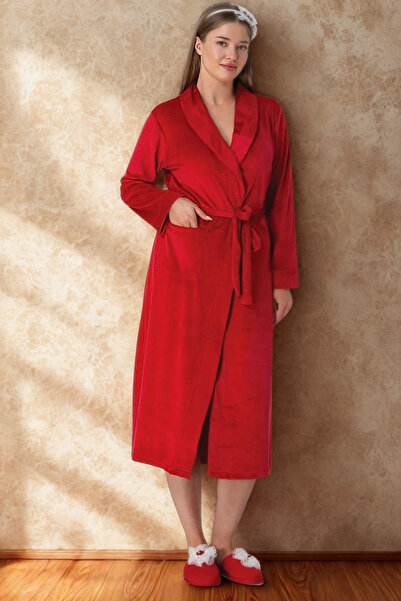 bigmama Kadın Kışlık Kadife Sabahlık Gecelik Takımı kırmızı Şık Kalın Rahat & Kalite Kumaştan Üretilmiştir