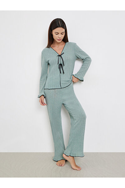 Styli Texture Ruffled Detail T-Shirt and Long Pyjama Set