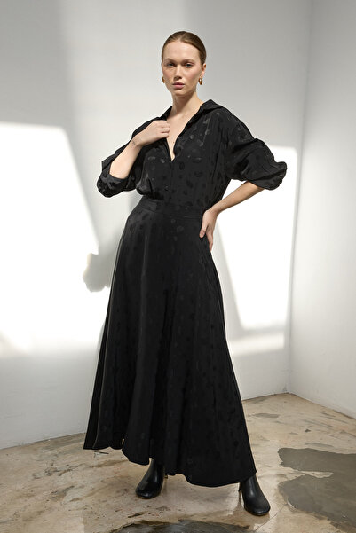 LADYA COLLECTION Set cămașă și fustă din satin negru cu textură Alessa