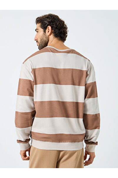 Styli Beige Striped Relaxed Fit Fleece Sweatshirt