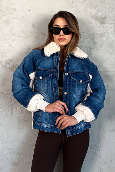ModaPlaza Women's Collar Fur Denim Coat 99424