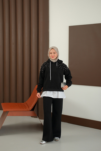 LOCCO Women's Shoulder Beading Detail Two Piece Set Black