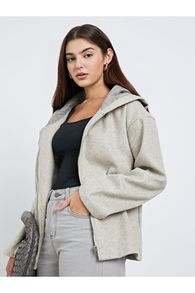 Styli Beige Oversized Wool Like Bomber Jacket