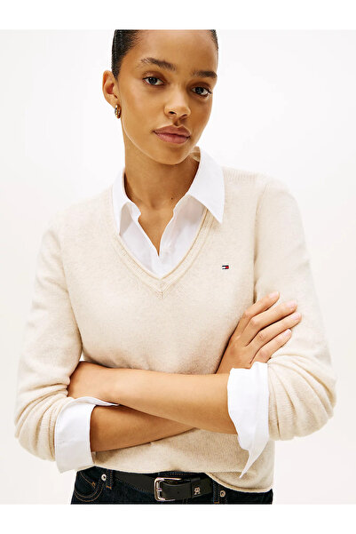 Tommy Hilfiger Women's Regular Fit Pure Wool V-Neck Long Sleeve Beige Sweater Ww0Ww43505-Adk