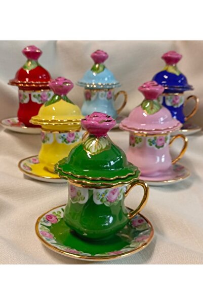 BY.RAYKA PORSELEN El Dekor Saray Porselen El Boyama Coffee Cup Set and Turkish Delight Container Set with Lid