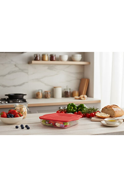 Borart Kırmızı Plastik Kapaklı Küçük Optik Desenli Kare Tepsi - 45384