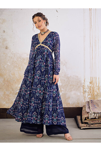 Sassafras By Styli قميص أناركلي كورتا أزرق داكن مزهر برقبة على شكل حرف V