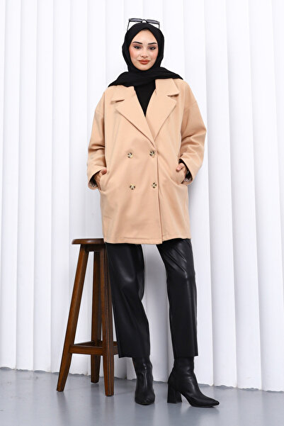 İmajButik Biscuit Double Breasted Collar Lined Pocket Stamp Coat