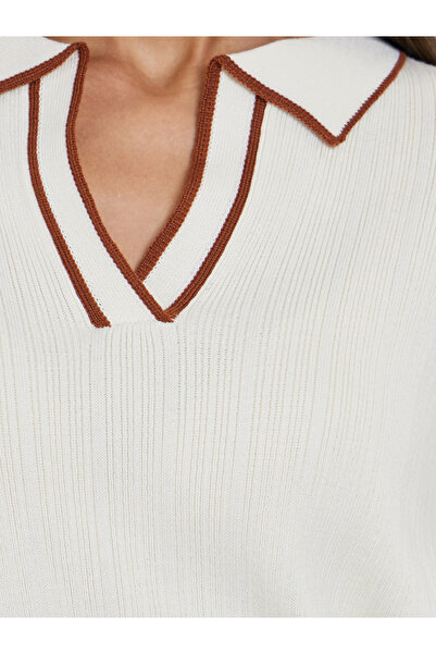 Styli Off White Knit Top with Brown Trim